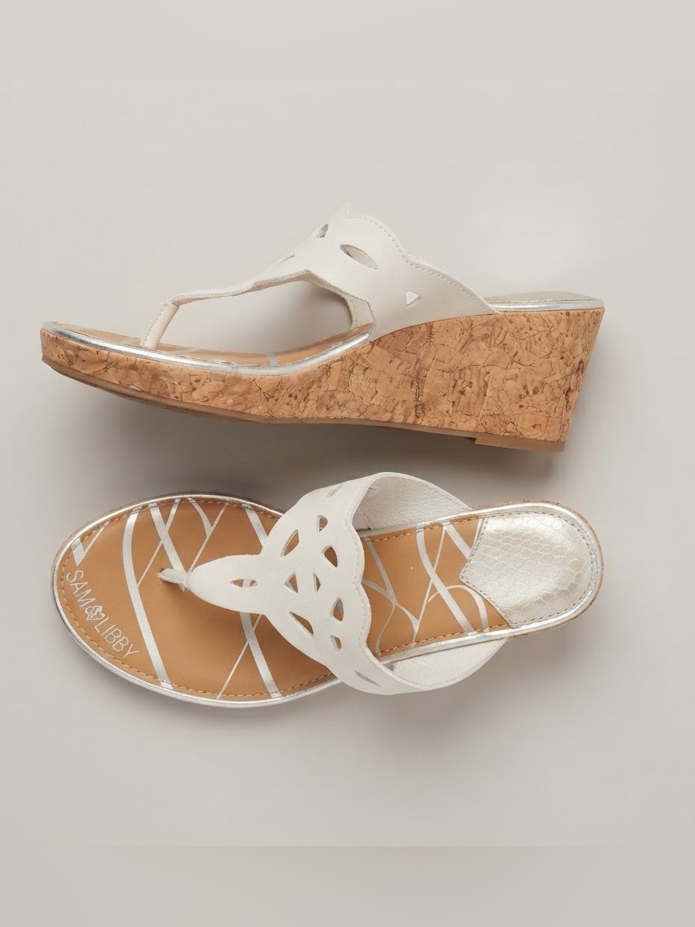 341 Sam & Libby White Laser Cut Cork Wedge Sandals Summer Y2K Boho Heels 7.5